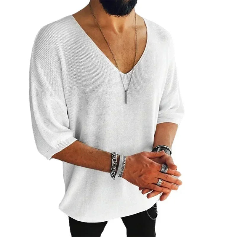 New 2025 Men's Summer Short Sleeve Knit Tops Shirts Casual V-neck British Loose Shirts Male Solid Shirts for Men Fashion Tops