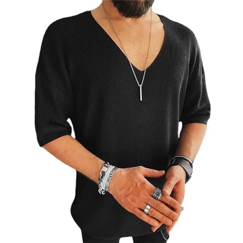 New 2025 Men's Summer Short Sleeve Knit Tops Shirts Casual V-neck British Loose Shirts Male Solid Shirts for Men Fashion Tops