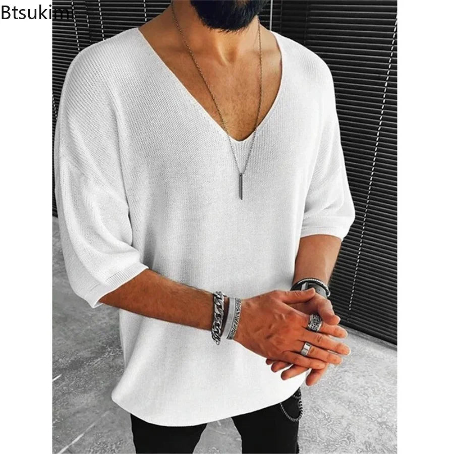 New 2025 Men's Summer Short Sleeve Knit Tops Shirts Casual V-neck British Loose Shirts Male Solid Shirts for Men Fashion Tops